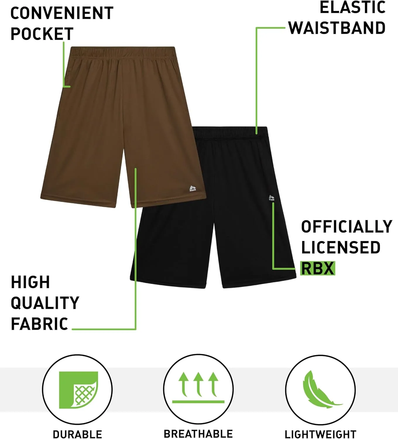 RBX Boys' Athletic Shorts - 2 Pack Breathable Poly Fleece Performance Shorts with Pockets - Active Shorts for Boys