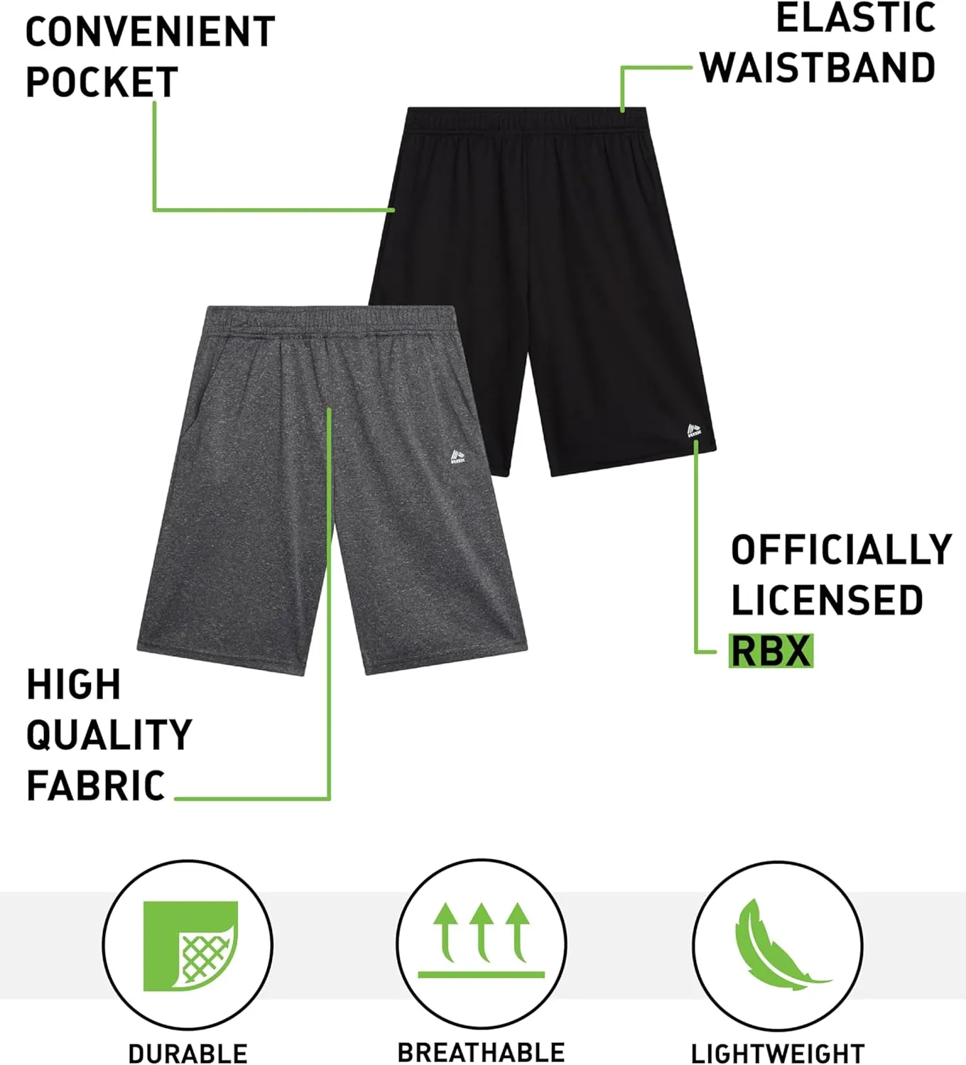 RBX Boys' Athletic Shorts - 2 Pack Breathable Poly Fleece Performance Shorts with Pockets - Active Shorts for Boys