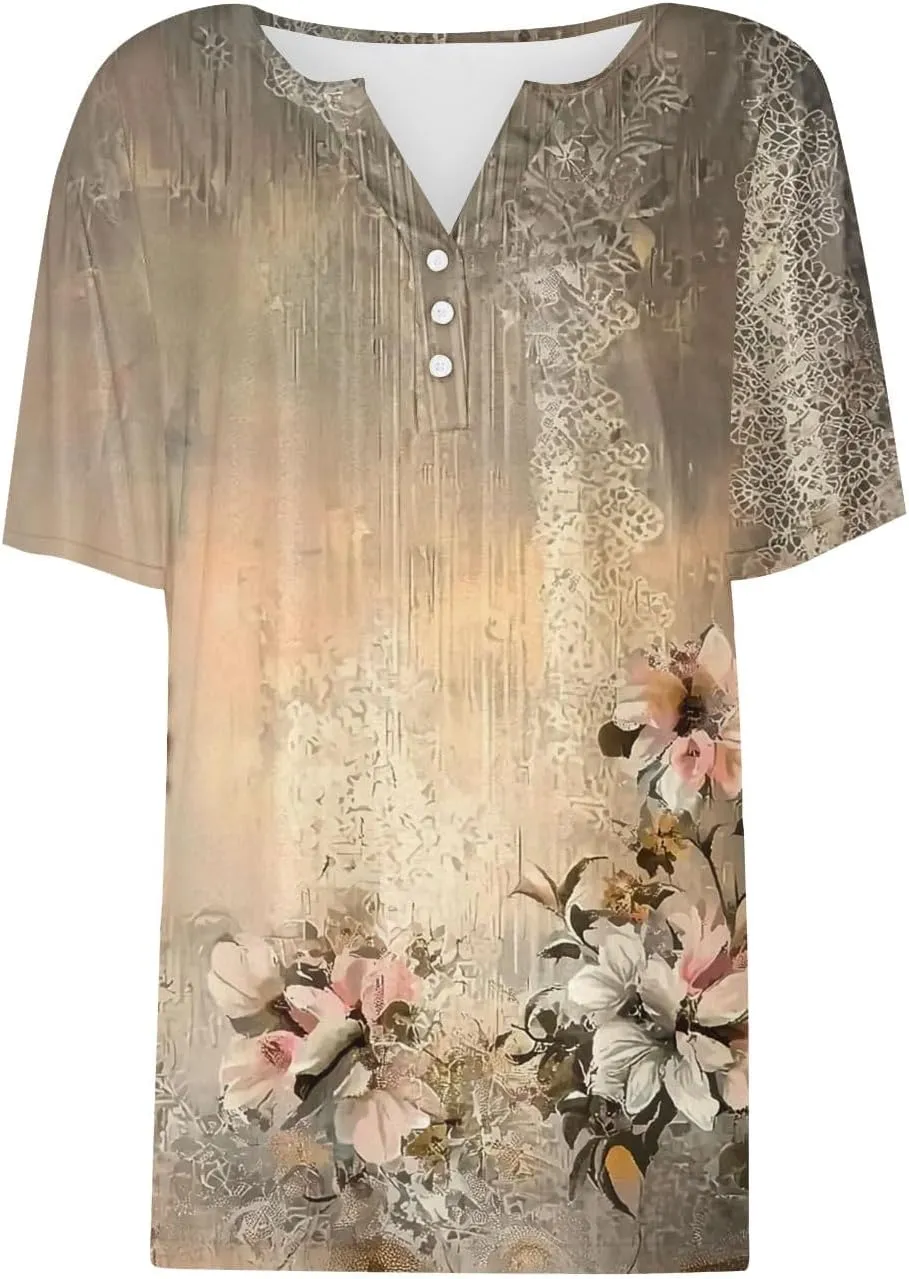 Retro Floral Shirts for Women Henley V Neck Button Down Shirt Trendy Sexy Slim Tunic Blouses Loose Casual Tops