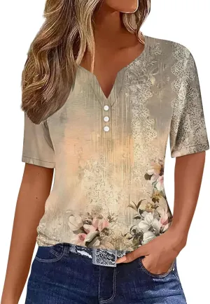 Retro Floral Shirts for Women Henley V Neck Button Down Shirt Trendy Sexy Slim Tunic Blouses Loose Casual Tops