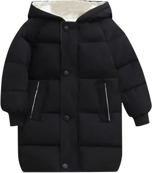 RKSTN Winter Puffer Jackets for Kids Padded Wadded Down Jacket Solid Color Long Sleeved Coats Hooded Casual Outwear