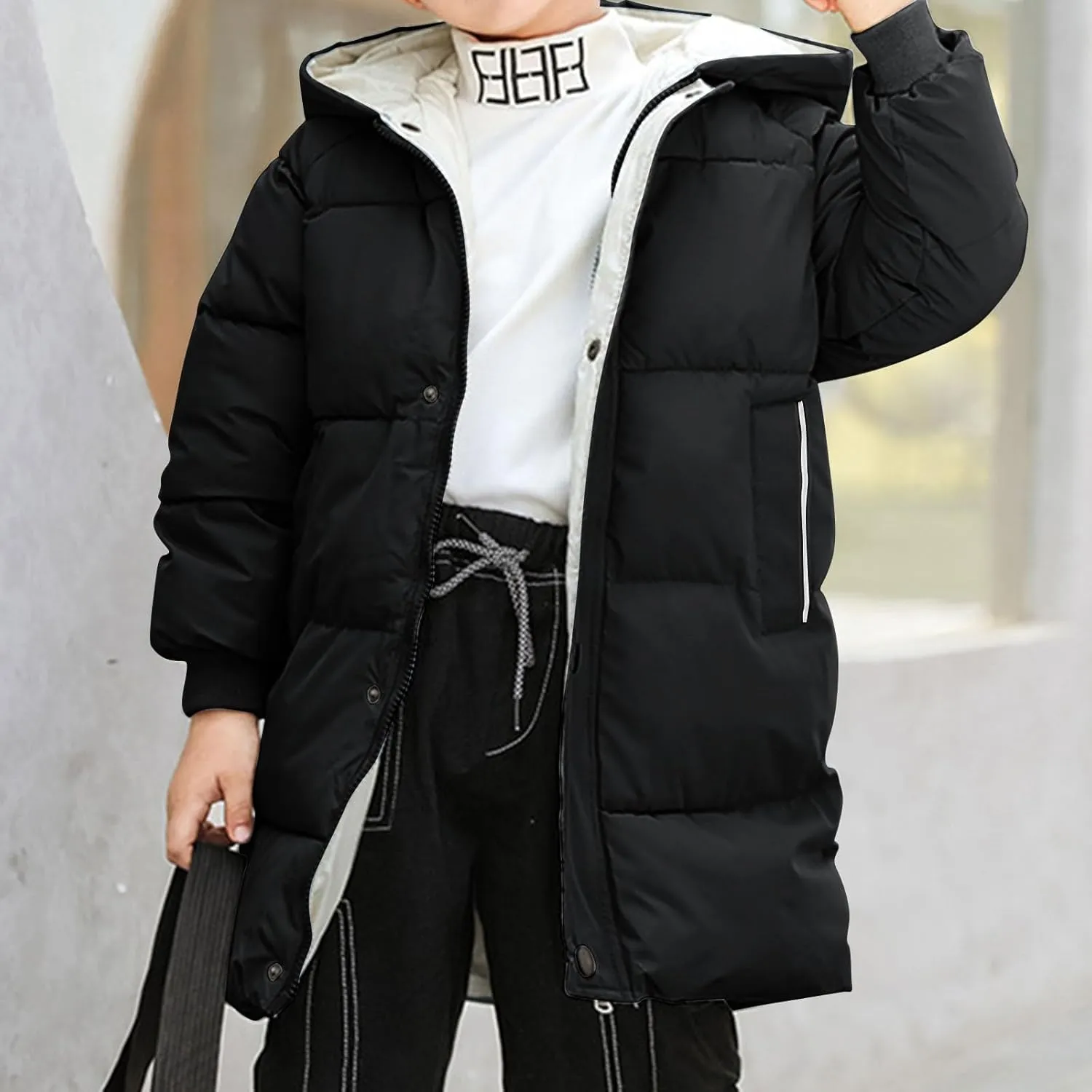RKSTN Winter Puffer Jackets for Kids Padded Wadded Down Jacket Solid Color Long Sleeved Coats Hooded Casual Outwear