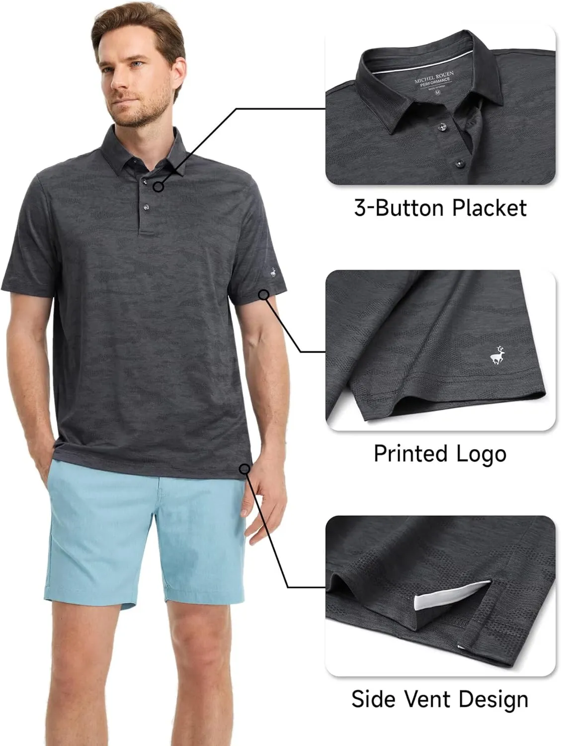 Rouen Polo Shirts for Men Moisture Wicking Quick Dry Lightweight Jacquard Performance Polo Shirts Casual Collared Golf Shirts