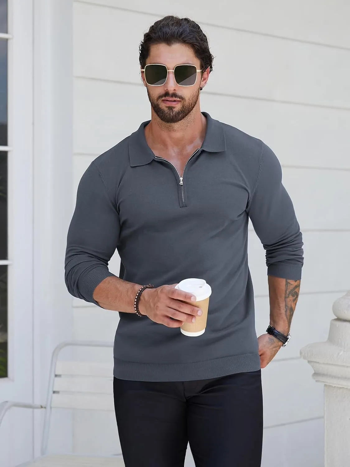 RQP Mens Zipper Polo Shirts Knit Casual Shirts Short/Long Sleeve,Stretch Slim Fit Golf Shirts,Soft Pullover