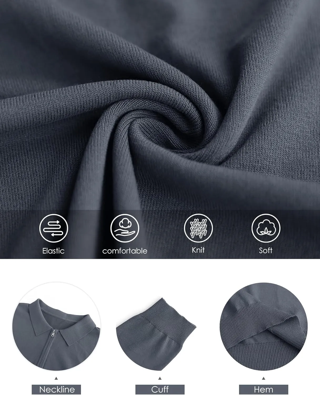 RQP Mens Zipper Polo Shirts Knit Casual Shirts Short/Long Sleeve,Stretch Slim Fit Golf Shirts,Soft Pullover