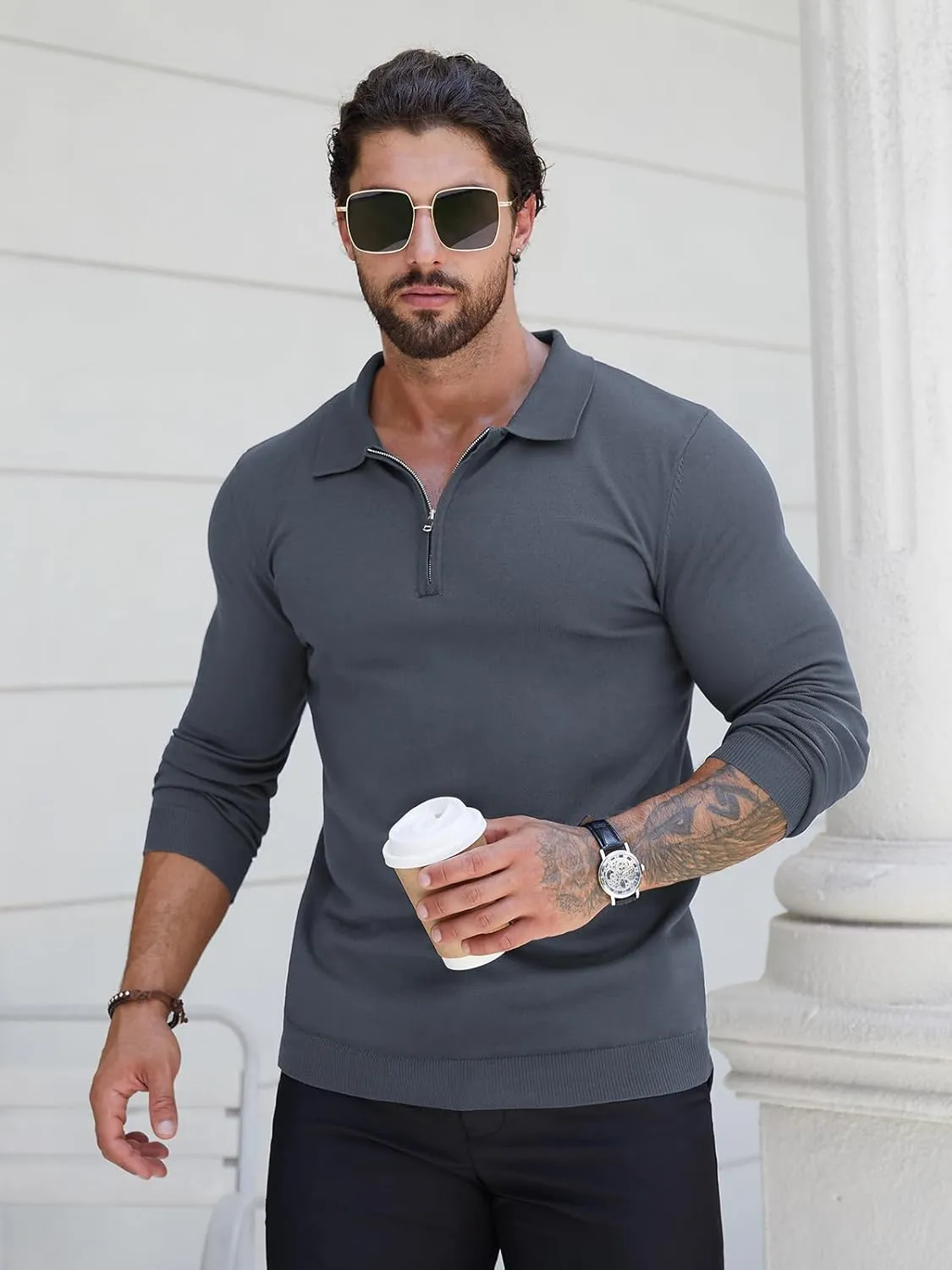 RQP Mens Zipper Polo Shirts Knit Casual Shirts Short/Long Sleeve,Stretch Slim Fit Golf Shirts,Soft Pullover