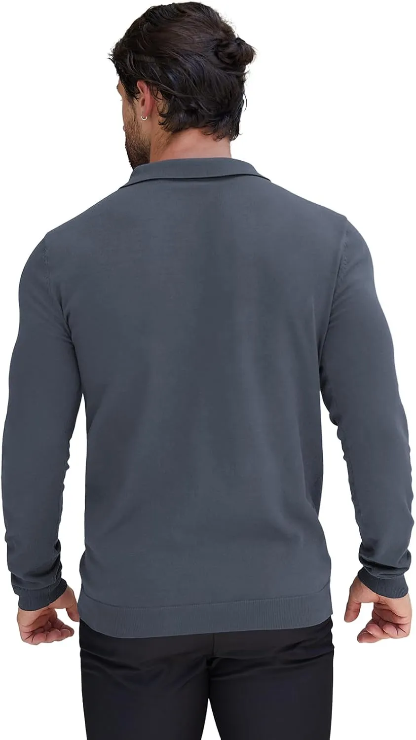 RQP Mens Zipper Polo Shirts Knit Casual Shirts Short/Long Sleeve,Stretch Slim Fit Golf Shirts,Soft Pullover
