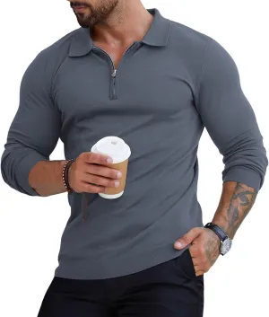 RQP Mens Zipper Polo Shirts Knit Casual Shirts Short/Long Sleeve,Stretch Slim Fit Golf Shirts,Soft Pullover