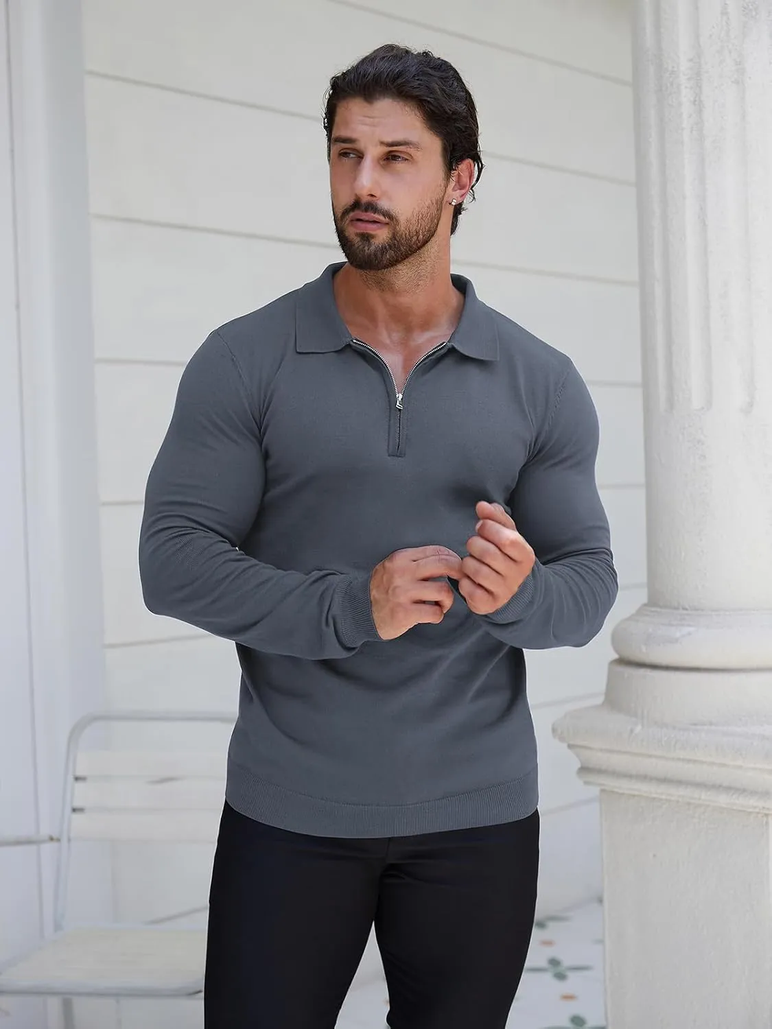 RQP Mens Zipper Polo Shirts Knit Casual Shirts Short/Long Sleeve,Stretch Slim Fit Golf Shirts,Soft Pullover