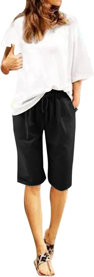 sdbrld Bermuda Shorts for Women,Womens Bermuda Shorts Trendy Summer Drawstring Shorts High Waisted Cotton Athletic Shorts