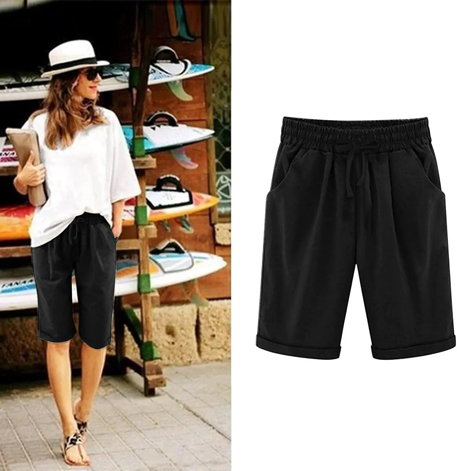 sdbrld Bermuda Shorts for Women,Womens Bermuda Shorts Trendy Summer Drawstring Shorts High Waisted Cotton Athletic Shorts
