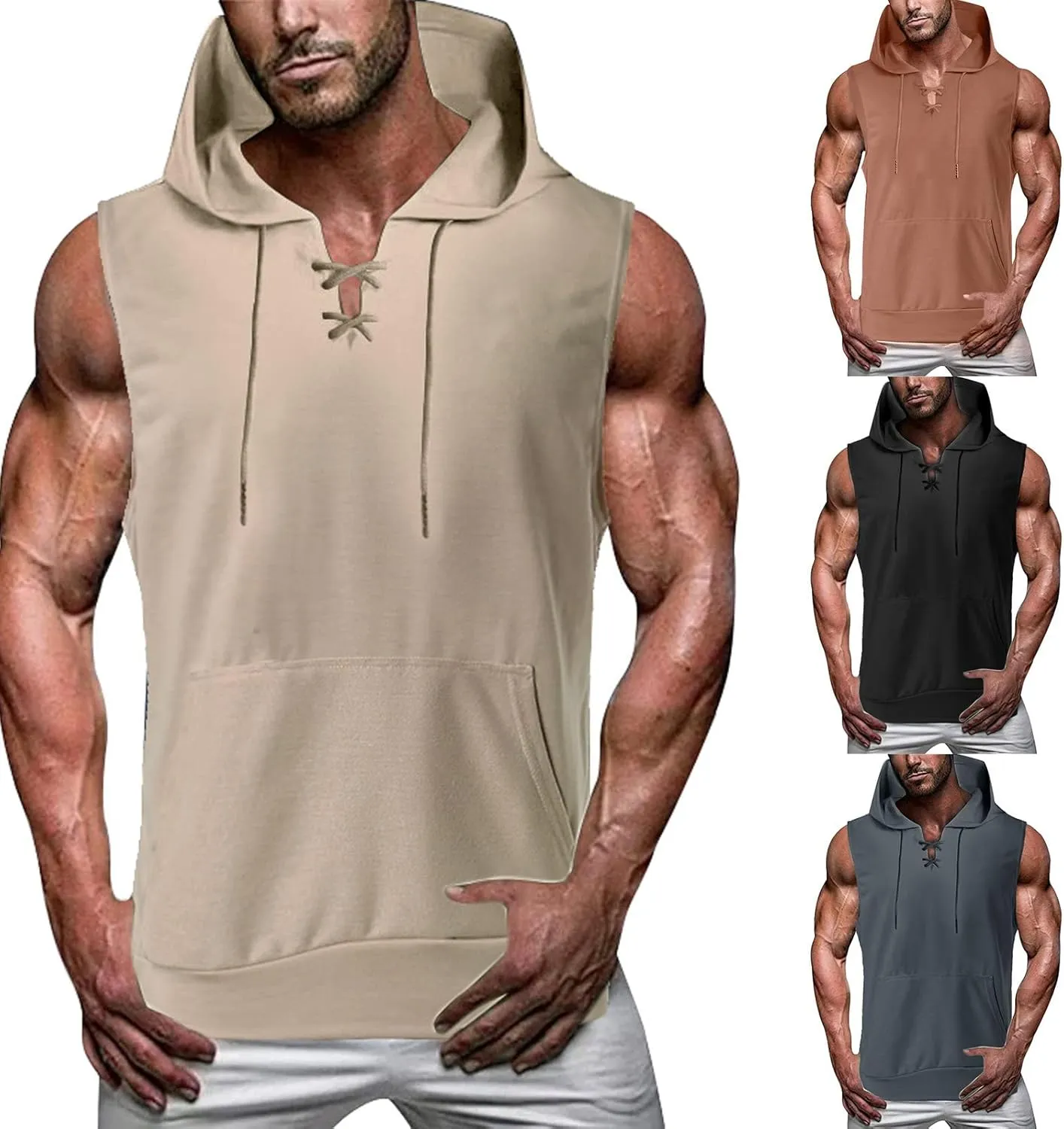 Sleeveless Hoodies for Men Summer Lace Up Tank Tops with Pocket Workout Gym T Shirts Pullover Tops Bodybuilding Tees