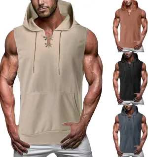 Sleeveless Hoodies for Men Summer Lace Up Tank Tops with Pocket Workout Gym T Shirts Pullover Tops Bodybuilding Tees