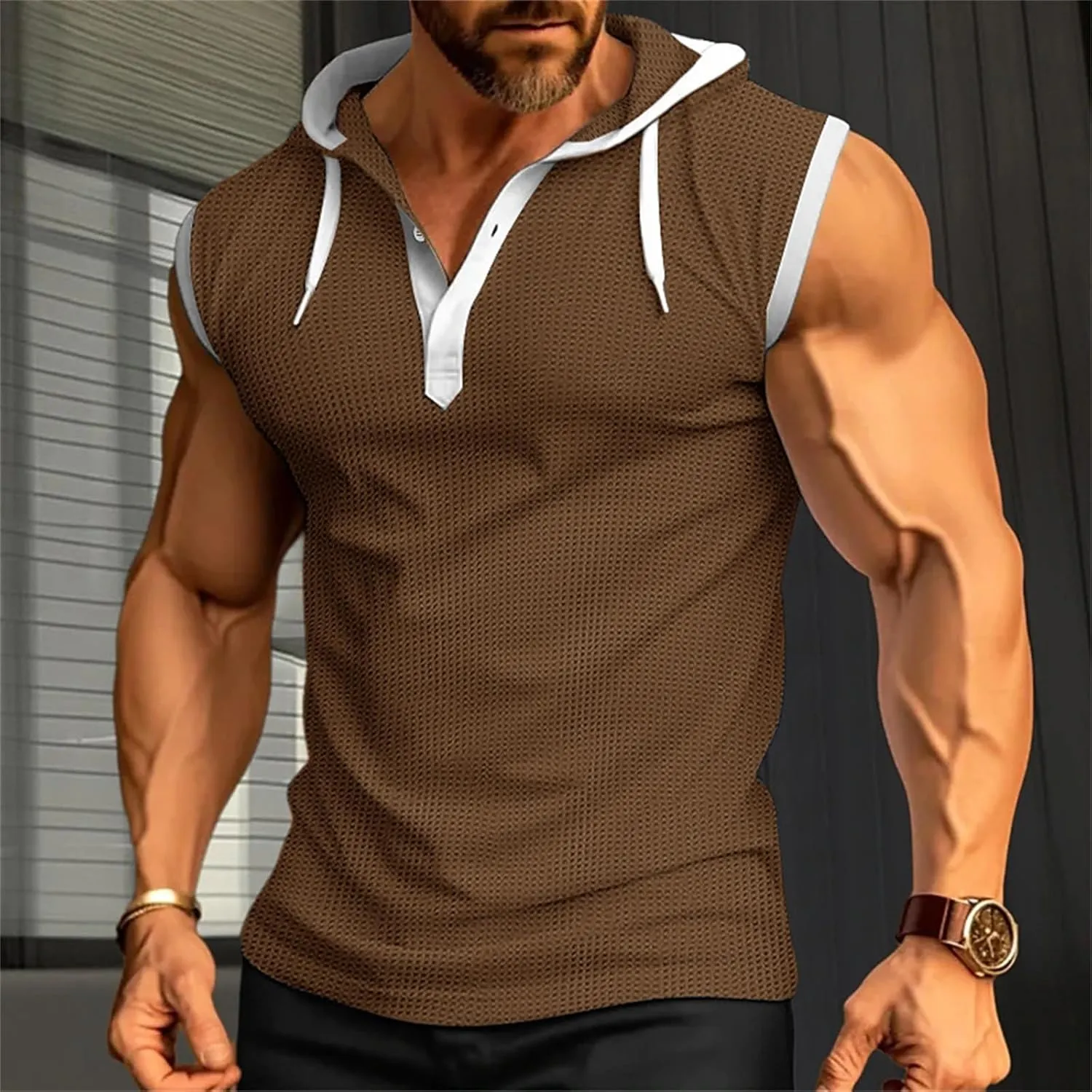Sleeveless Hoodies for Men Waffle Tank Tops Hoodie Summer Muscle Gym Shirts Bodybuilding Casual Beach Hippie T Shirt