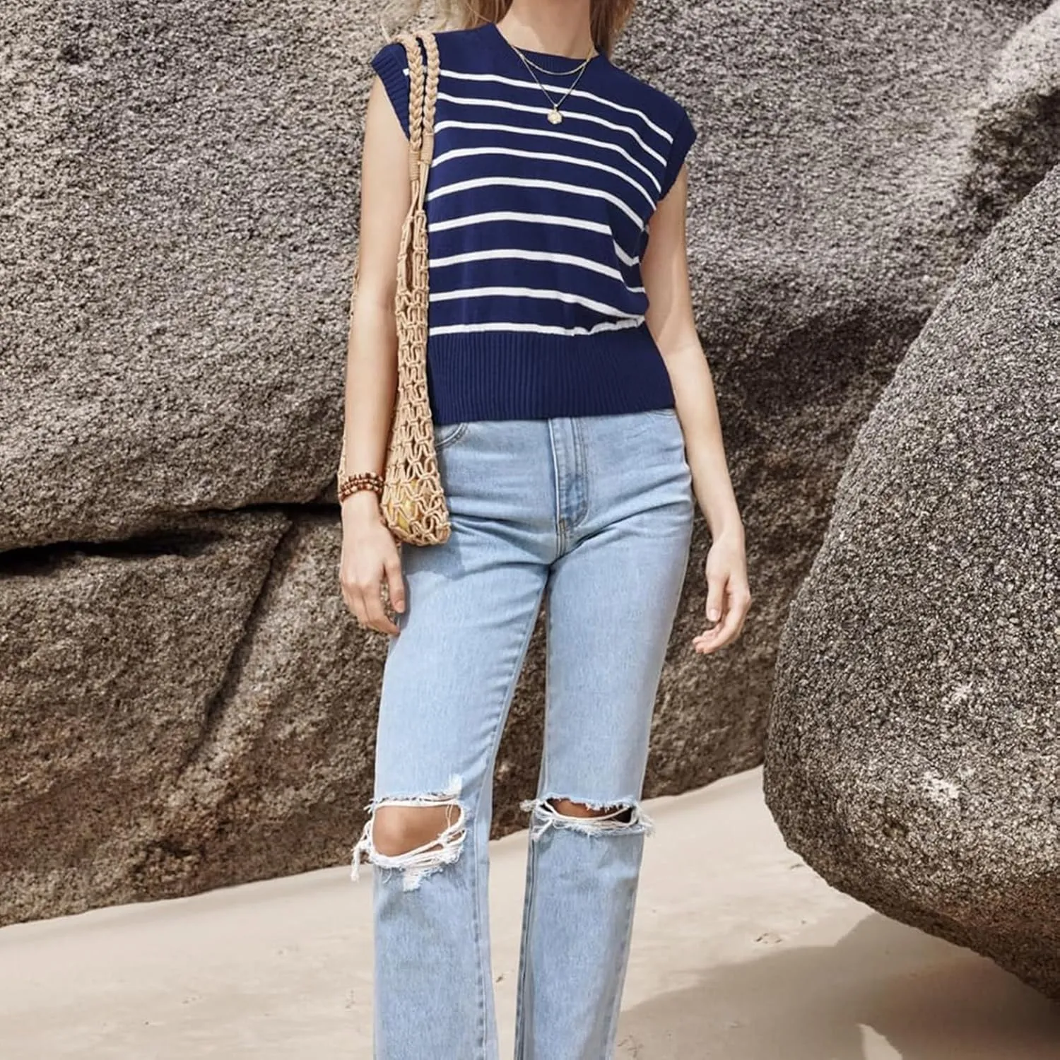 Sleeveless Sweater Vest for Women Summer Striped Crew Neck Tanks Trendy Cap Sleeve Ribbed Knit Pullover Tank Tops