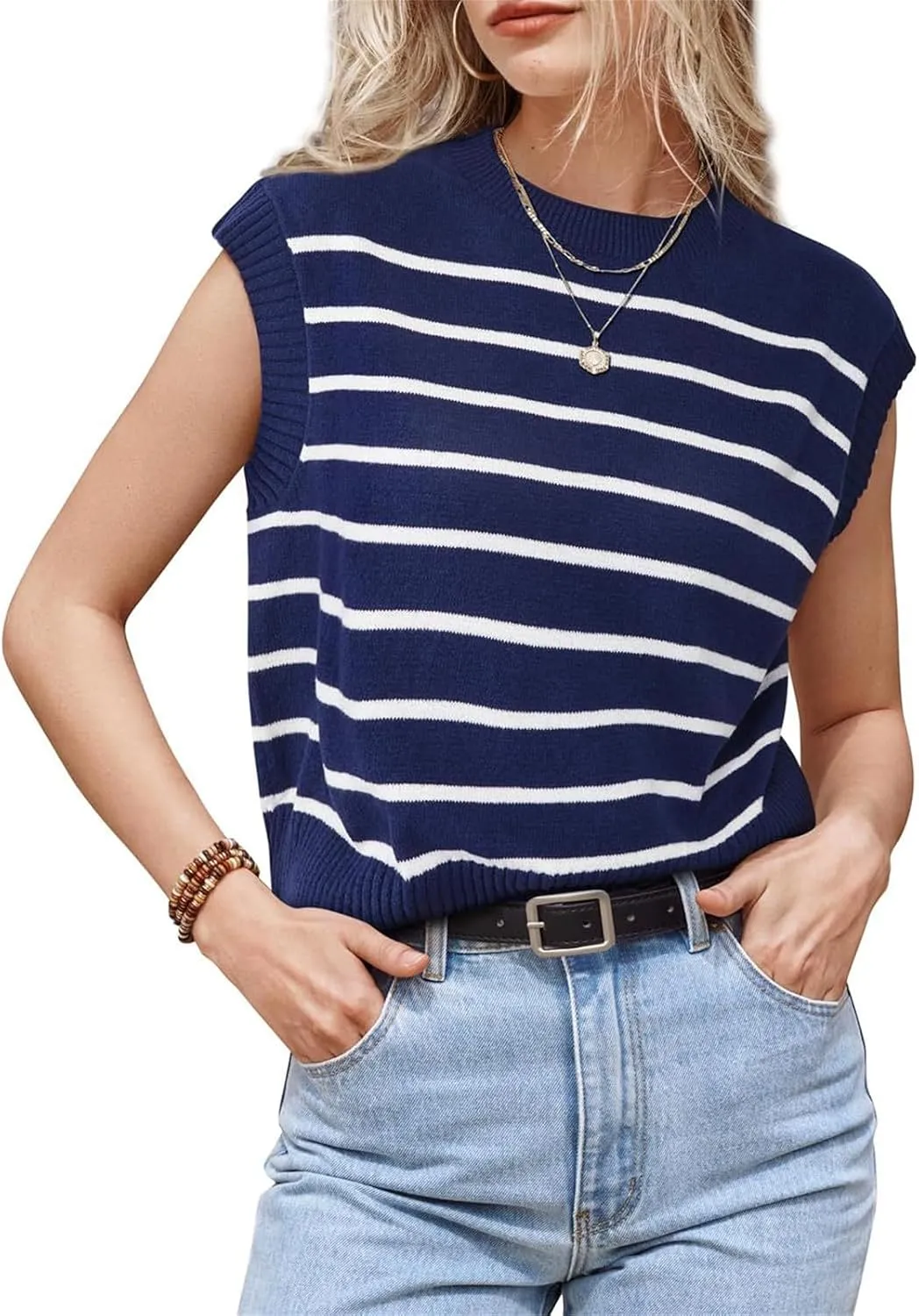 Sleeveless Sweater Vest for Women Summer Striped Crew Neck Tanks Trendy Cap Sleeve Ribbed Knit Pullover Tank Tops