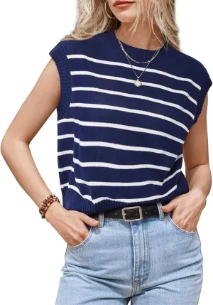 Sleeveless Sweater Vest for Women Summer Striped Crew Neck Tanks Trendy Cap Sleeve Ribbed Knit Pullover Tank Tops