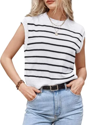 Sleeveless Sweater Vest for Women Summer Striped Crew Neck Tanks Trendy Cap Sleeve Ribbed Knit Pullover Tank Tops