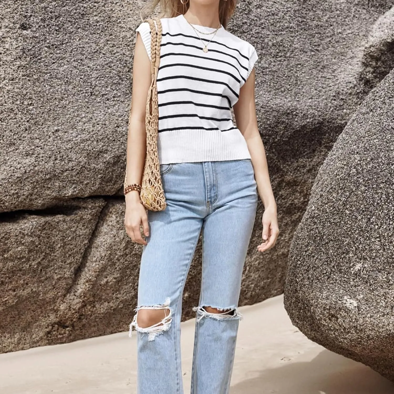 Sleeveless Sweater Vest for Women Summer Striped Crew Neck Tanks Trendy Cap Sleeve Ribbed Knit Pullover Tank Tops