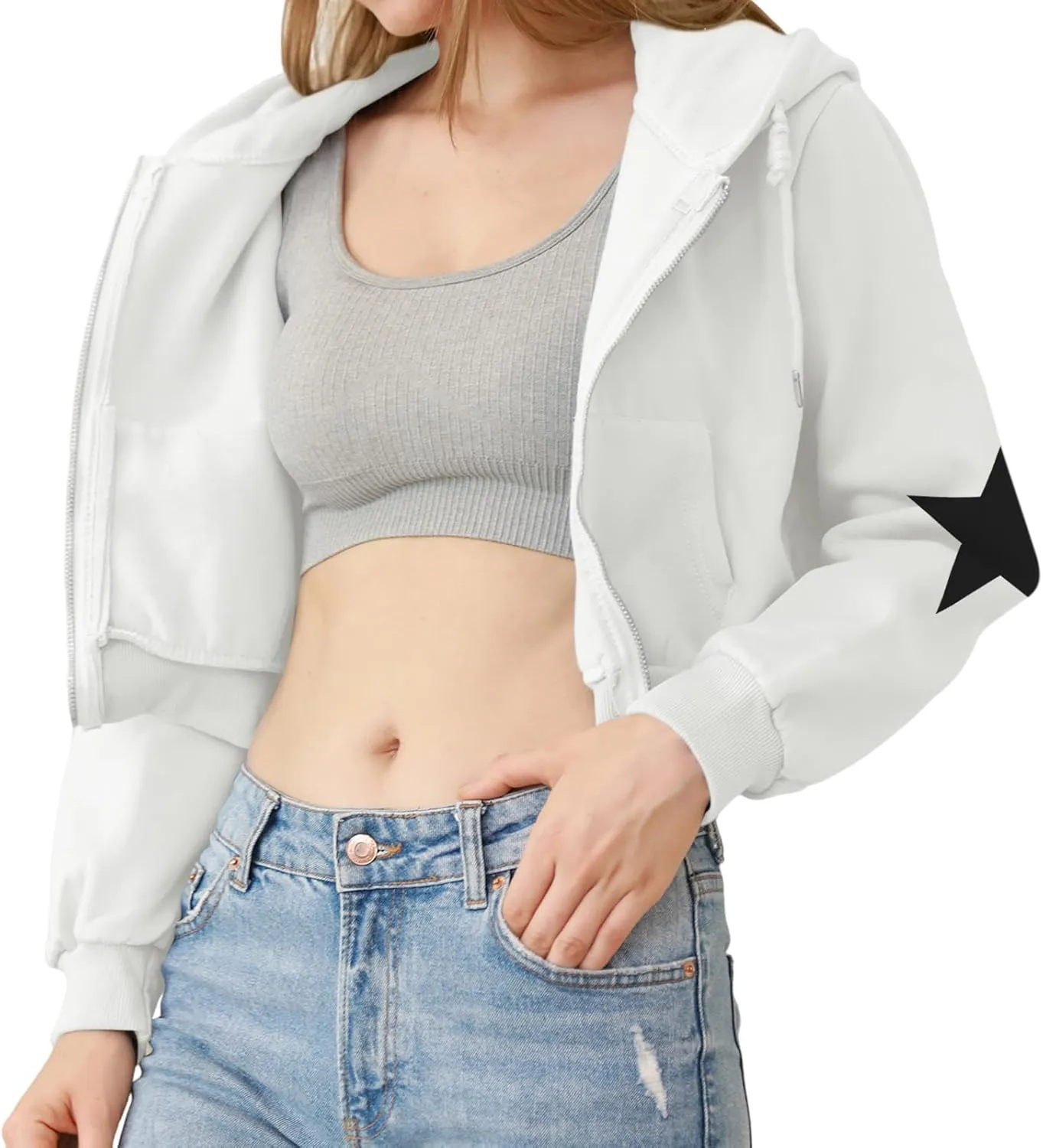 Star Cropped Y2K Zip Up Hoodies For Women Cute Stars Printed Cropped Sweatshirts Aesthetic Graphic Cotton Crop Tops