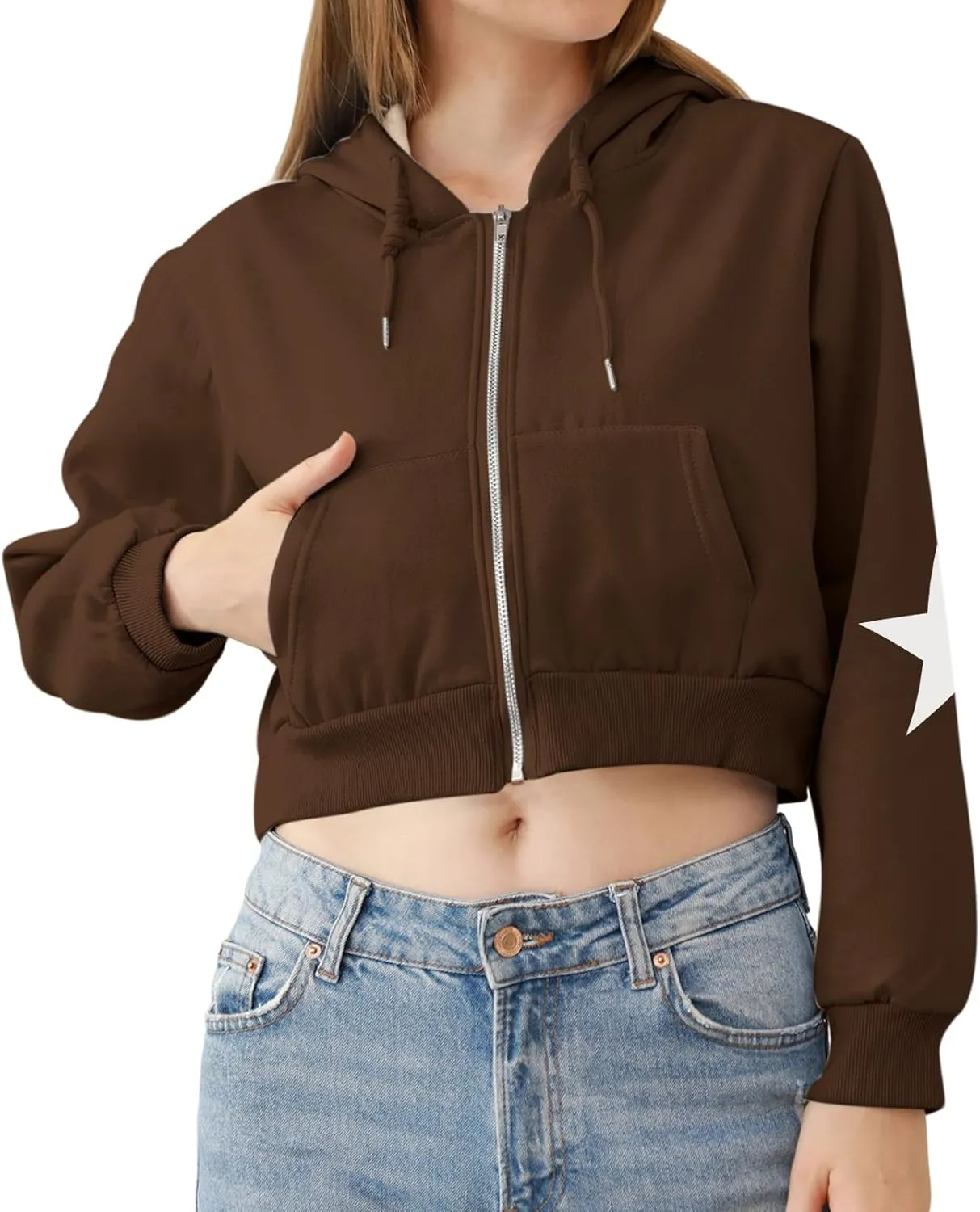 Star Cropped Y2K Zip Up Hoodies For Women Cute Stars Printed Cropped Sweatshirts Aesthetic Graphic Cotton Crop Tops