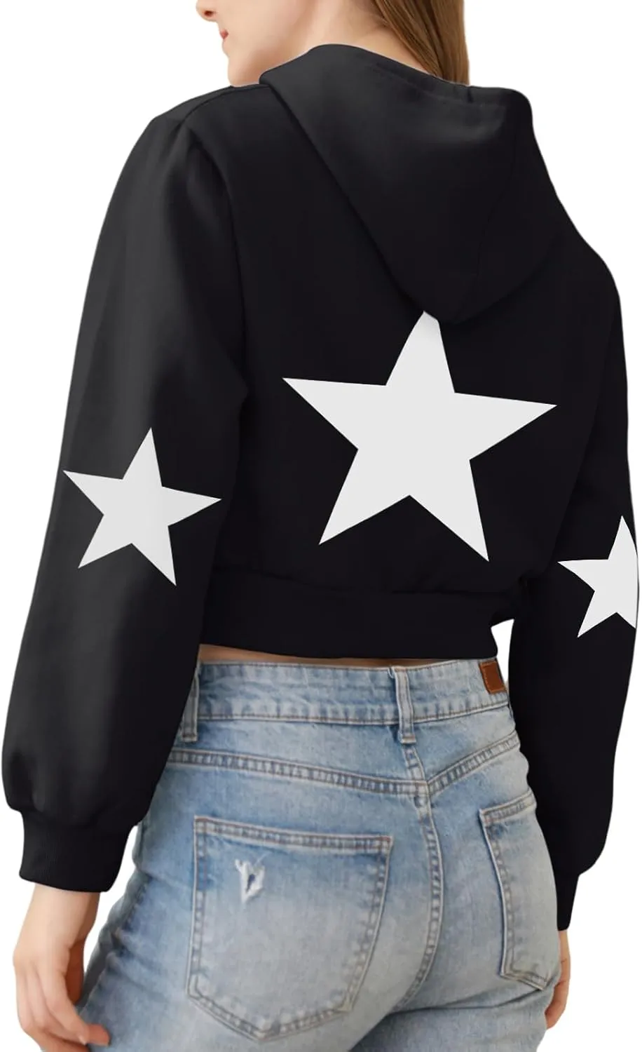 Star Cropped Y2K Zip Up Hoodies For Women Cute Stars Printed Cropped Sweatshirts Aesthetic Graphic Cotton Crop Tops