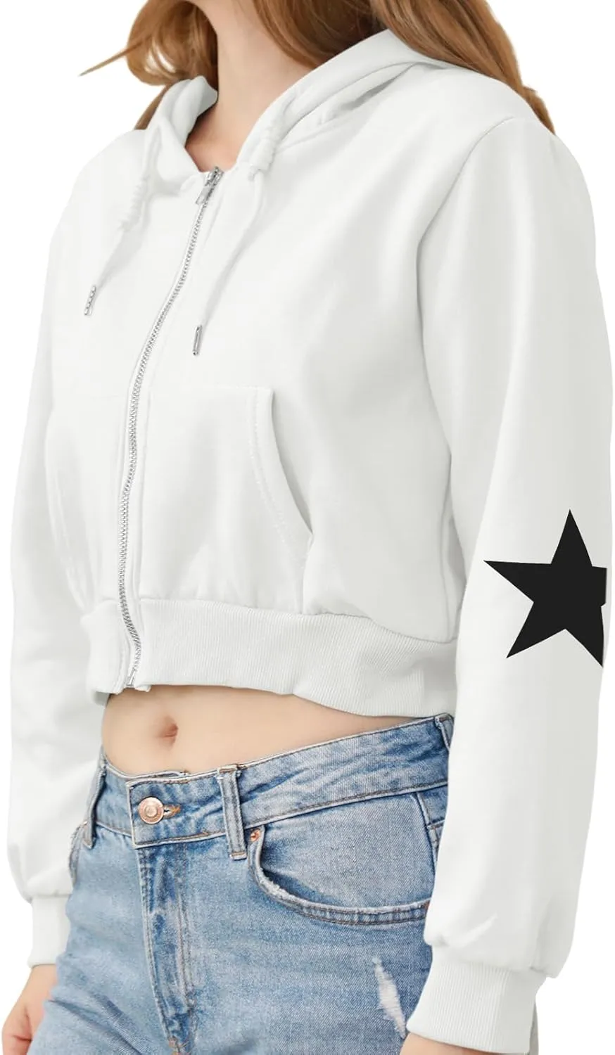 Star Cropped Y2K Zip Up Hoodies For Women Cute Stars Printed Cropped Sweatshirts Aesthetic Graphic Cotton Crop Tops