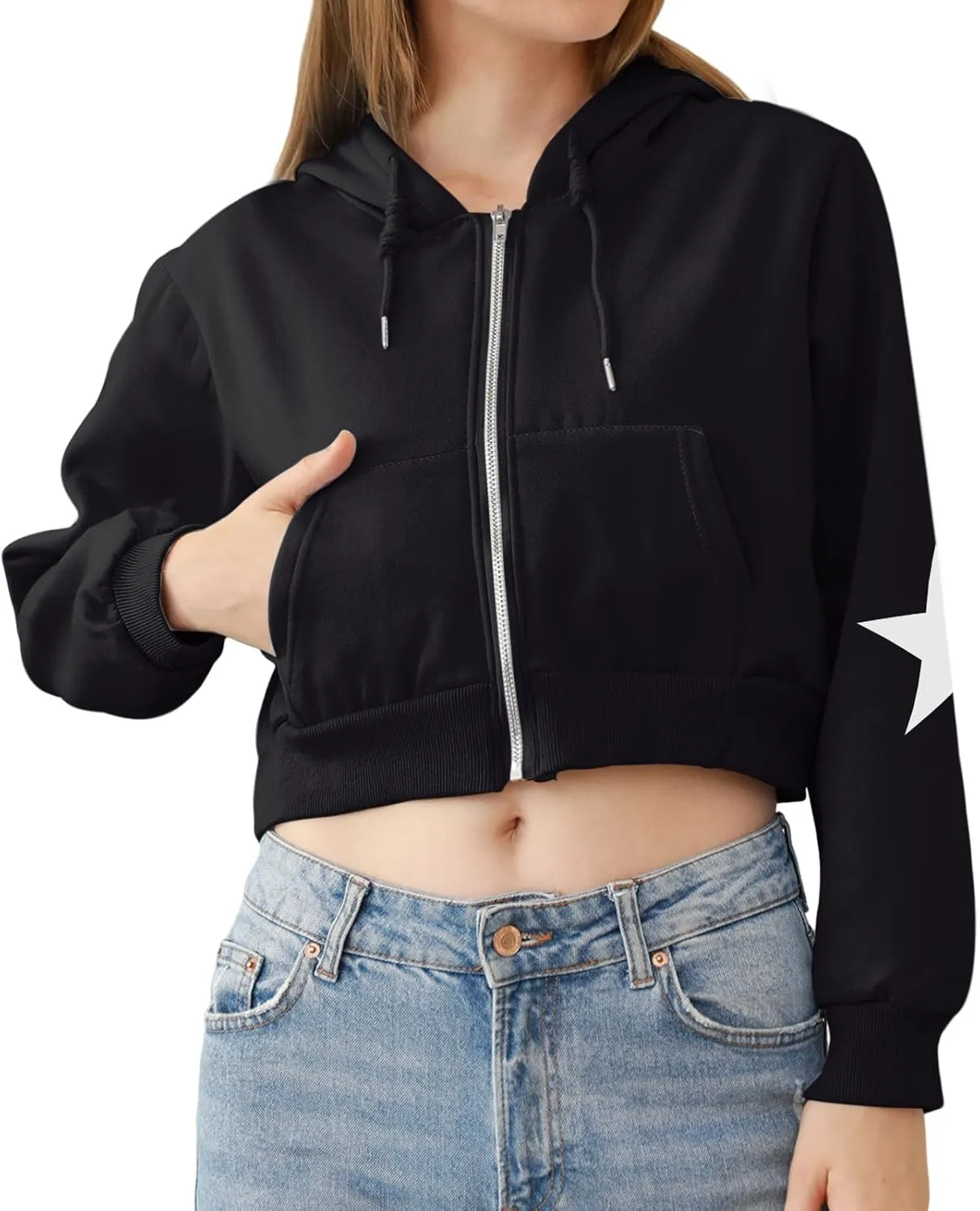 Star Cropped Y2K Zip Up Hoodies For Women Cute Stars Printed Cropped Sweatshirts Aesthetic Graphic Cotton Crop Tops
