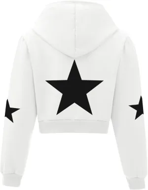 Star Cropped Y2K Zip Up Hoodies For Women Cute Stars Printed Cropped Sweatshirts Aesthetic Graphic Cotton Crop Tops