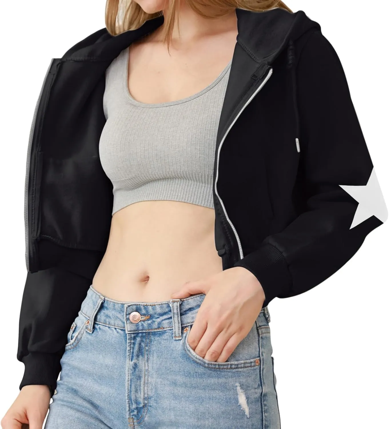 Star Cropped Y2K Zip Up Hoodies For Women Cute Stars Printed Cropped Sweatshirts Aesthetic Graphic Cotton Crop Tops
