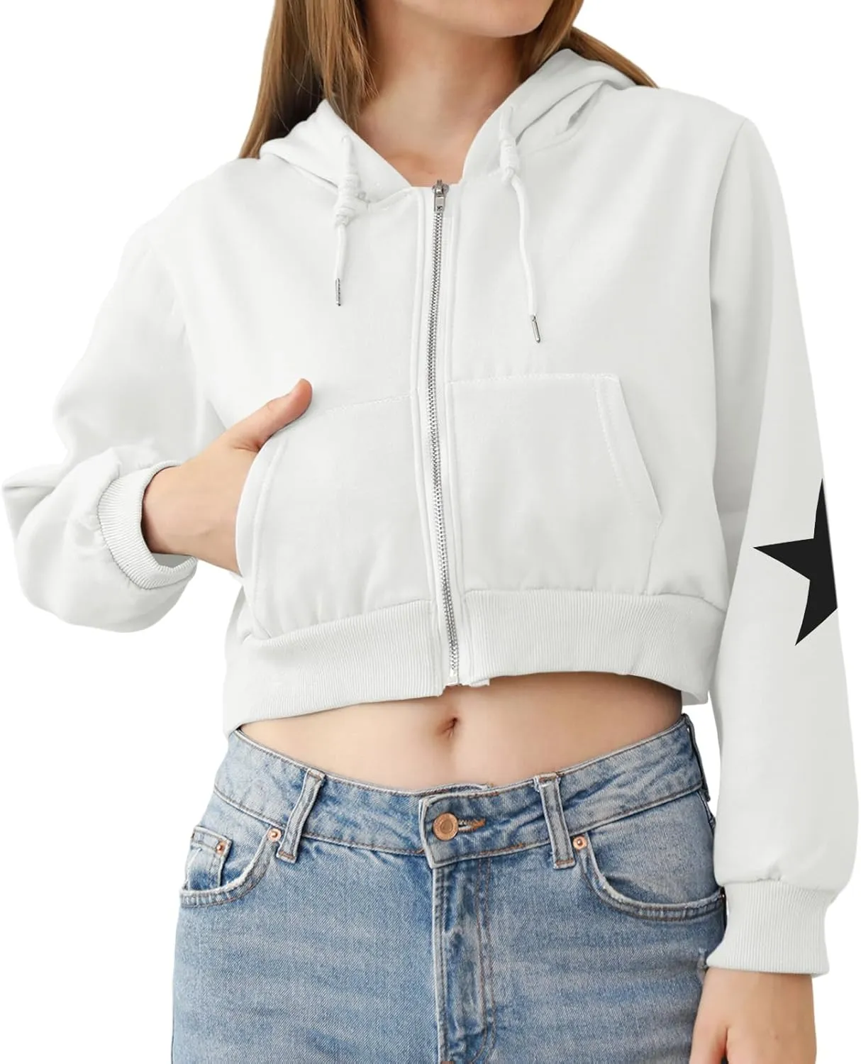 Star Cropped Y2K Zip Up Hoodies For Women Cute Stars Printed Cropped Sweatshirts Aesthetic Graphic Cotton Crop Tops