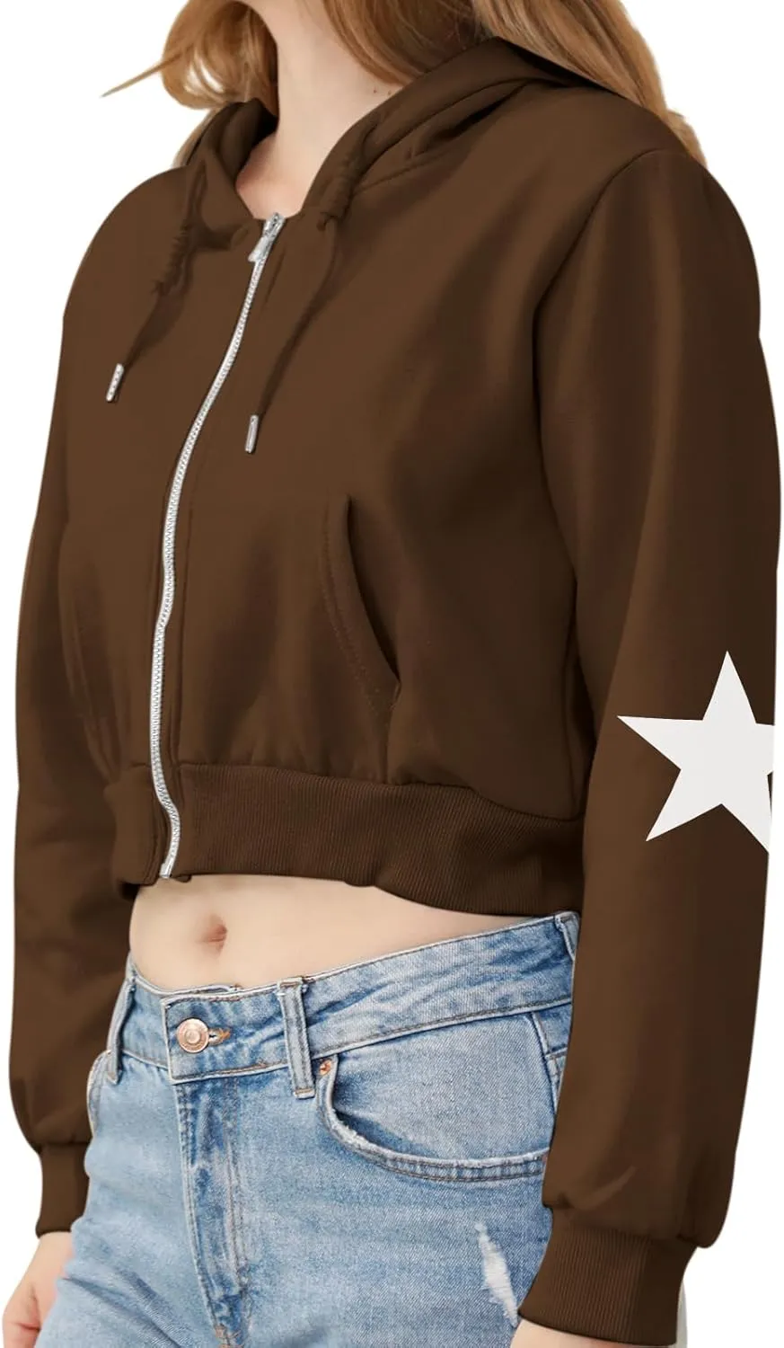 Star Cropped Y2K Zip Up Hoodies For Women Cute Stars Printed Cropped Sweatshirts Aesthetic Graphic Cotton Crop Tops