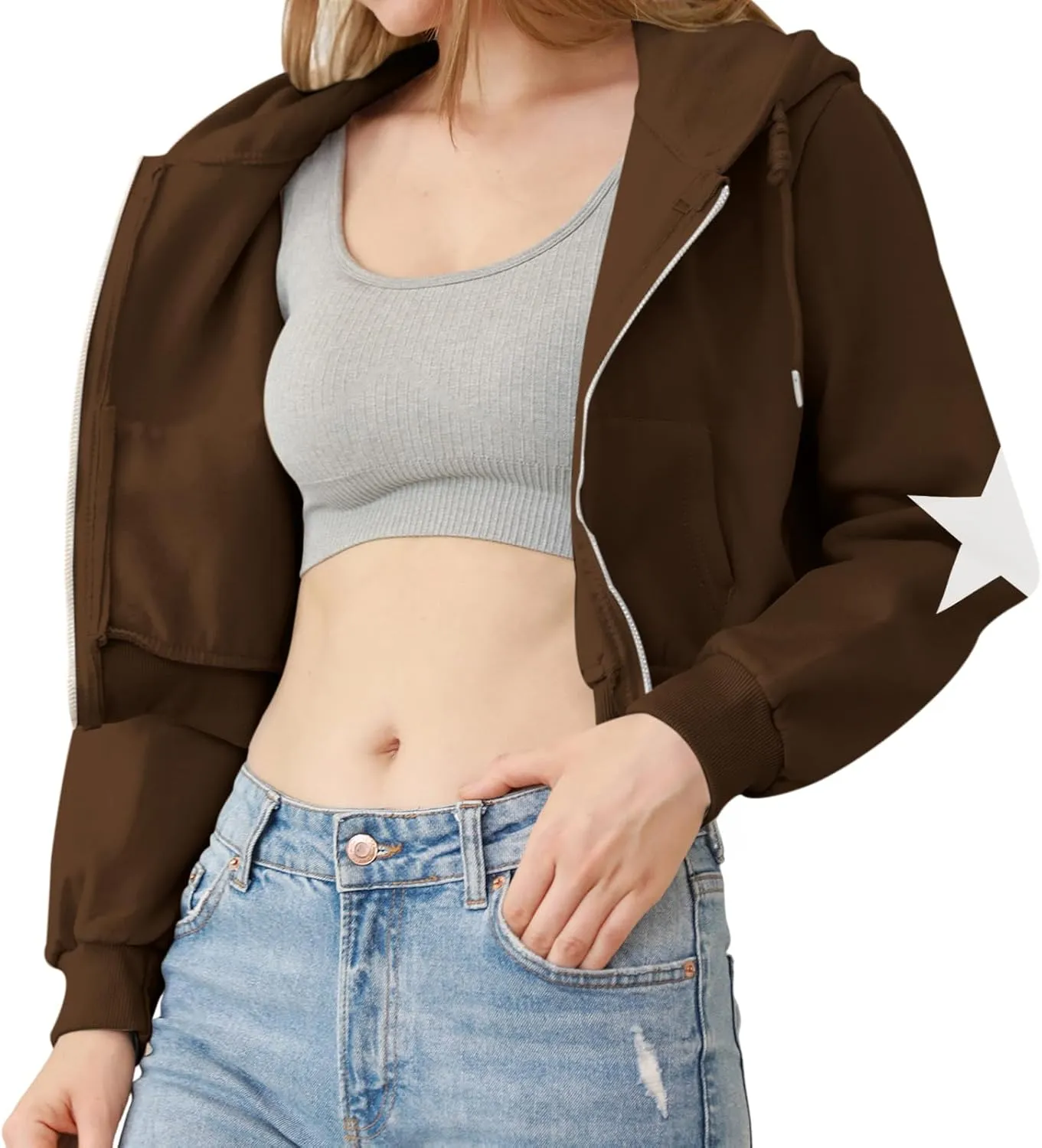 Star Cropped Y2K Zip Up Hoodies For Women Cute Stars Printed Cropped Sweatshirts Aesthetic Graphic Cotton Crop Tops