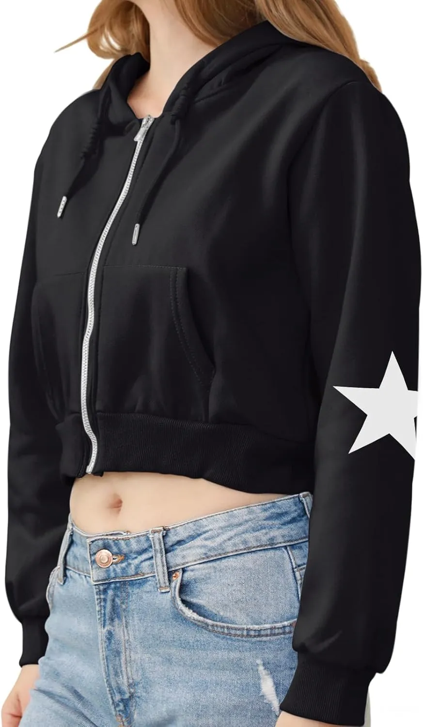 Star Cropped Y2K Zip Up Hoodies For Women Cute Stars Printed Cropped Sweatshirts Aesthetic Graphic Cotton Crop Tops