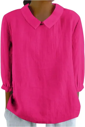 Summer Cotton Linen Gauze Shirts Comfy Shift Breathable Lounge Top Loose Fit 3/4 Sleeve Lapel T Shirt Plain Blouse