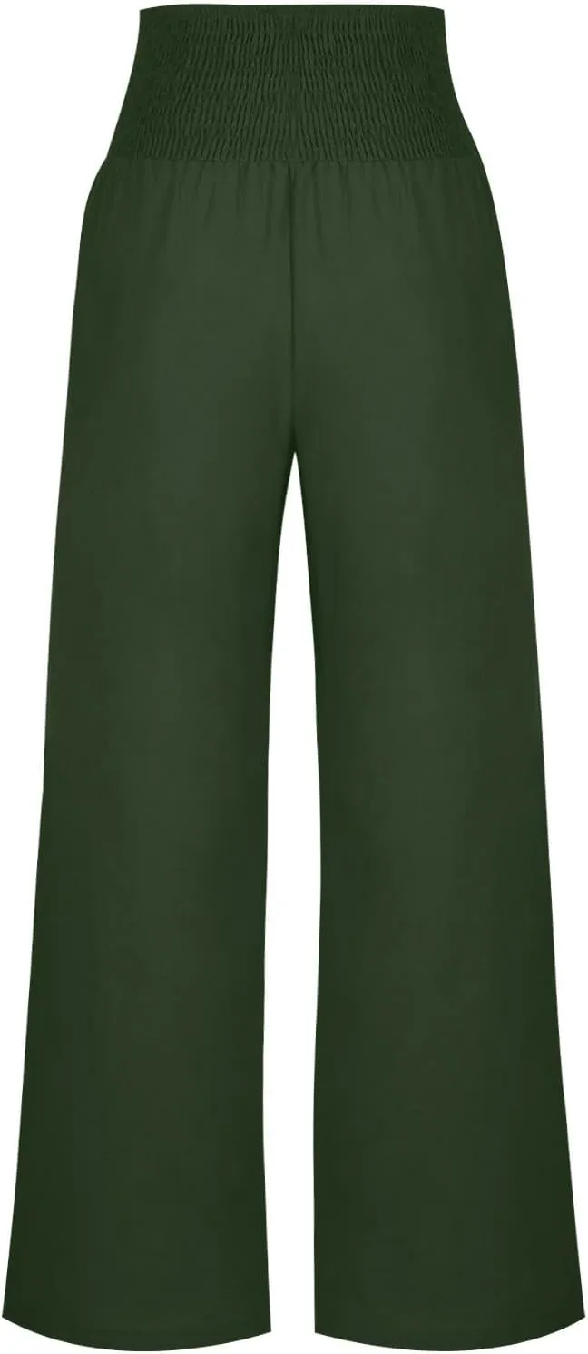 Summer Pants for Women 2024 Wide Leg Pants High Waisted Palazzo Pants Loose Flowy Pants Boho Beach Pants with Pockets