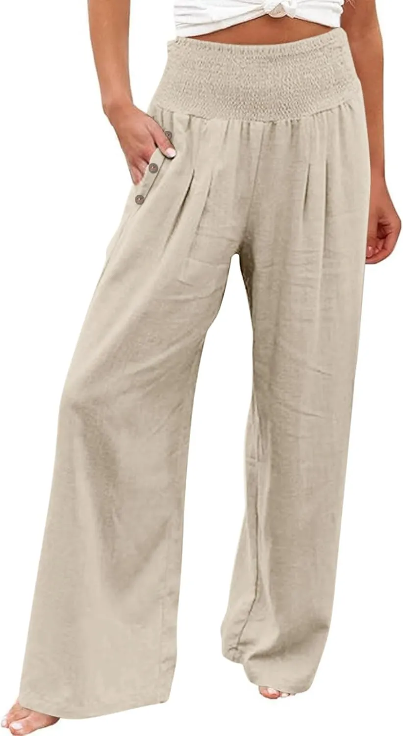 Summer Pants for Women 2024 Wide Leg Pants High Waisted Palazzo Pants Loose Flowy Pants Boho Beach Pants with Pockets
