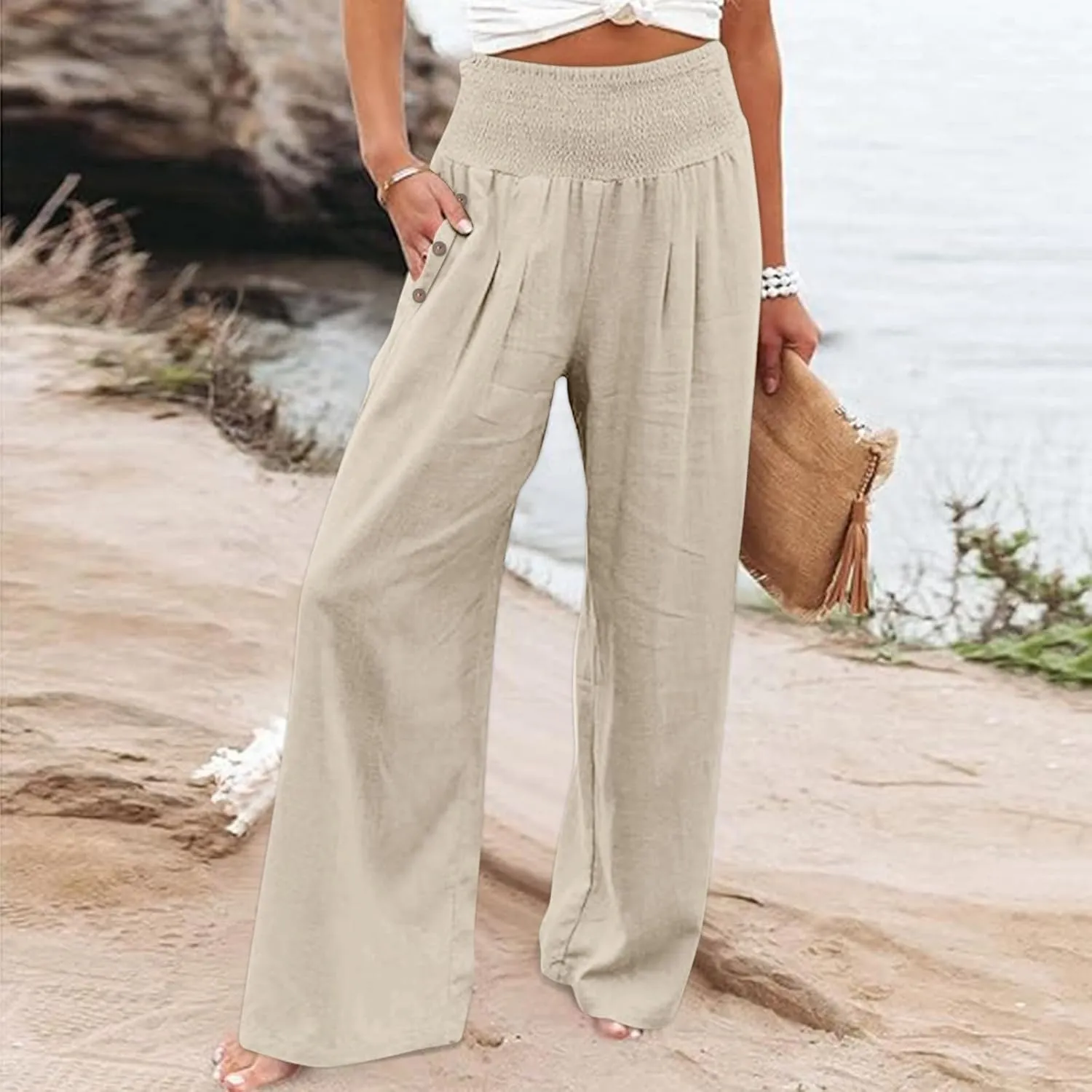 Summer Pants for Women 2024 Wide Leg Pants High Waisted Palazzo Pants Loose Flowy Pants Boho Beach Pants with Pockets