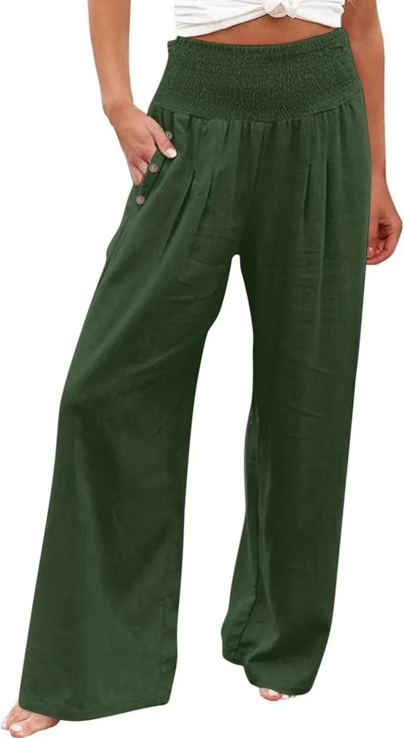 Summer Pants for Women 2024 Wide Leg Pants High Waisted Palazzo Pants Loose Flowy Pants Boho Beach Pants with Pockets
