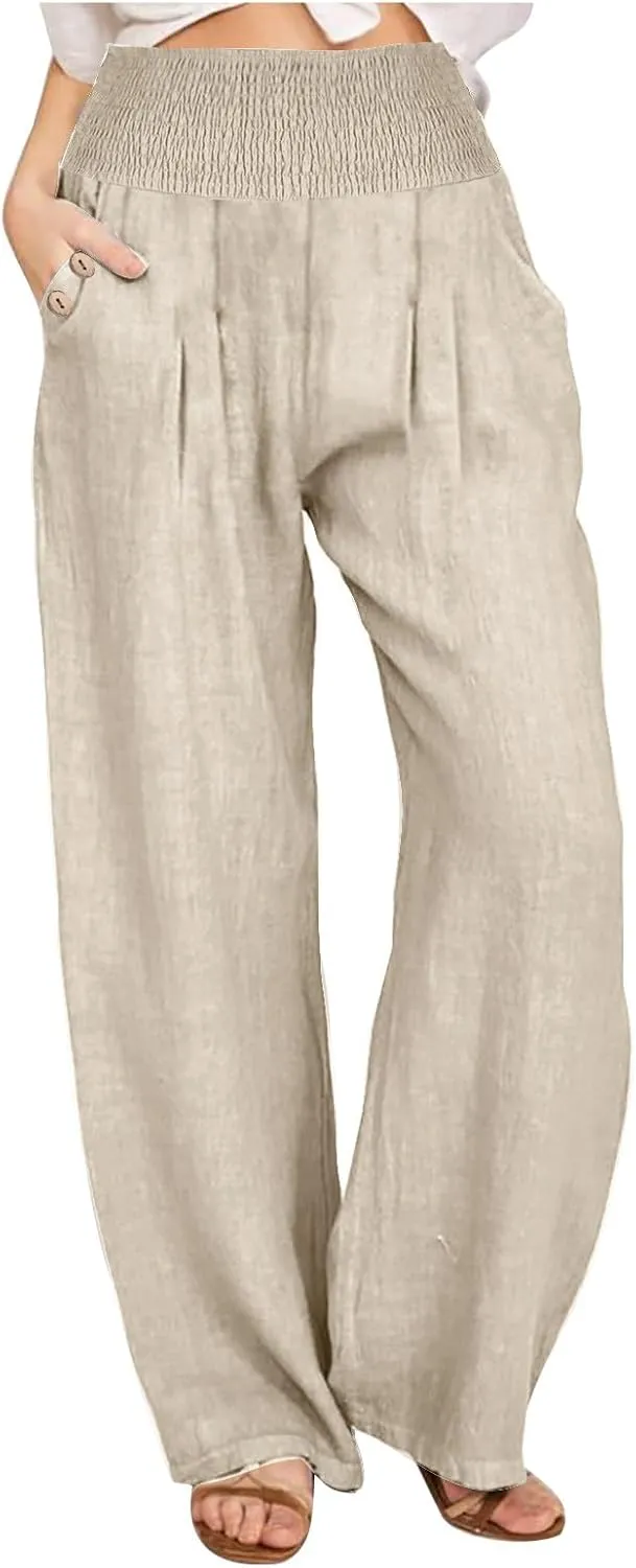Summer Pants for Women 2024 Wide Leg Pants High Waisted Palazzo Pants Loose Flowy Pants Boho Beach Pants with Pockets
