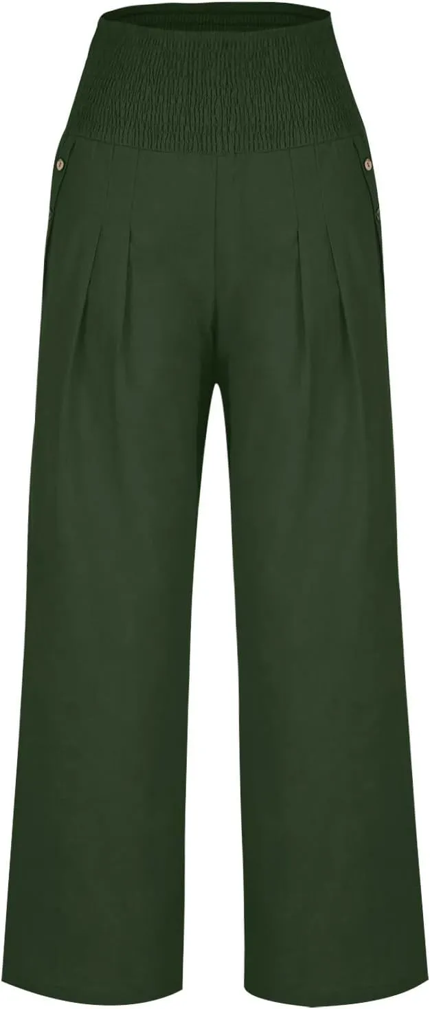 Summer Pants for Women 2024 Wide Leg Pants High Waisted Palazzo Pants Loose Flowy Pants Boho Beach Pants with Pockets
