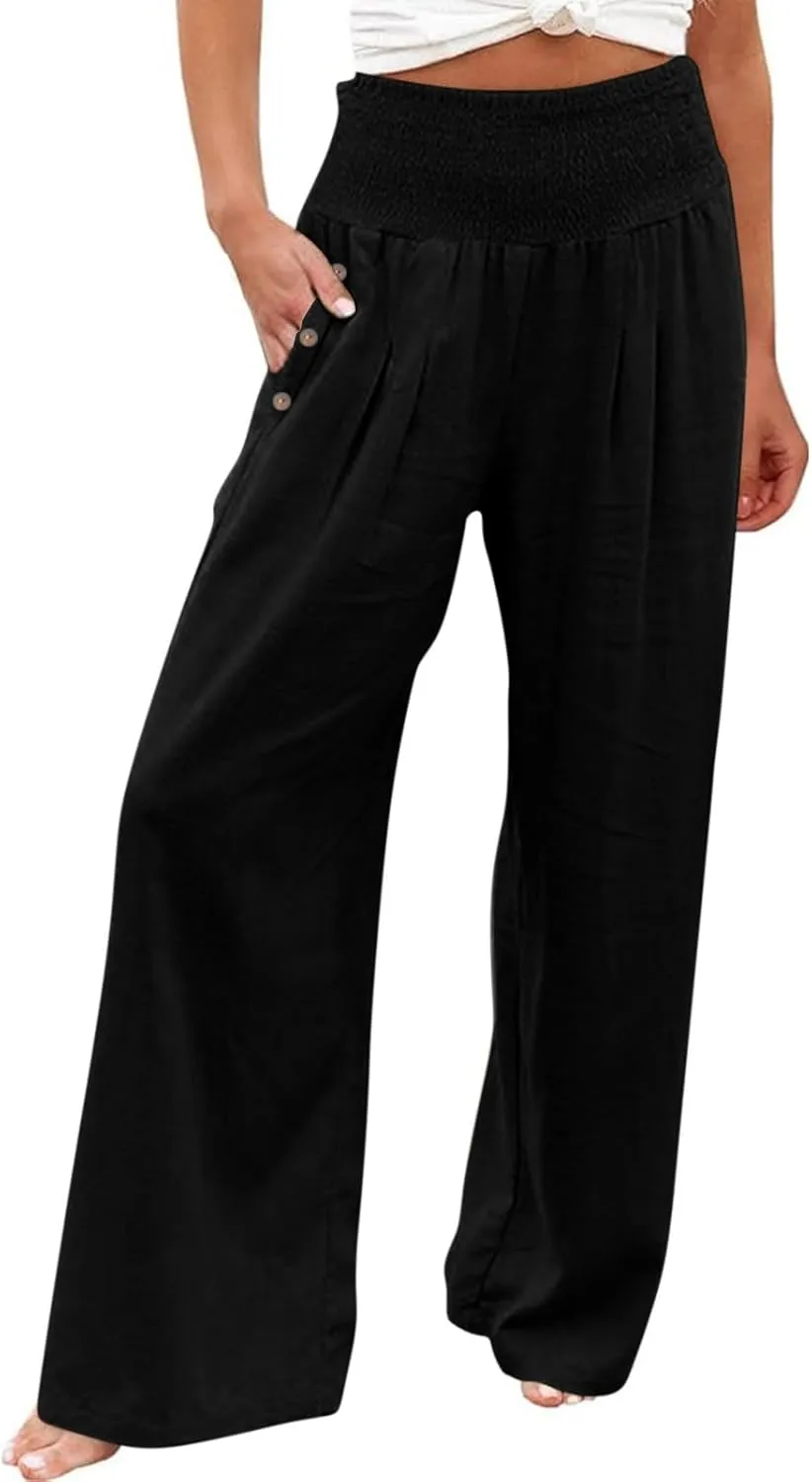 Summer Pants for Women 2024 Wide Leg Pants High Waisted Palazzo Pants Loose Flowy Pants Boho Beach Pants with Pockets