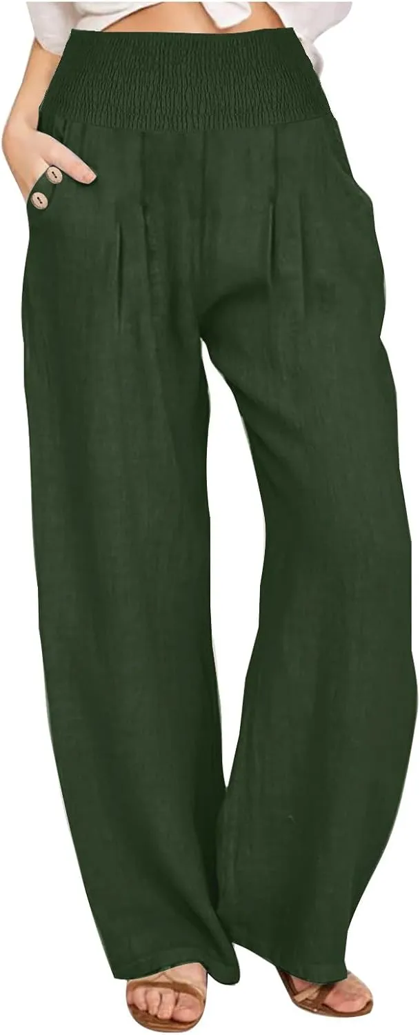 Summer Pants for Women 2024 Wide Leg Pants High Waisted Palazzo Pants Loose Flowy Pants Boho Beach Pants with Pockets
