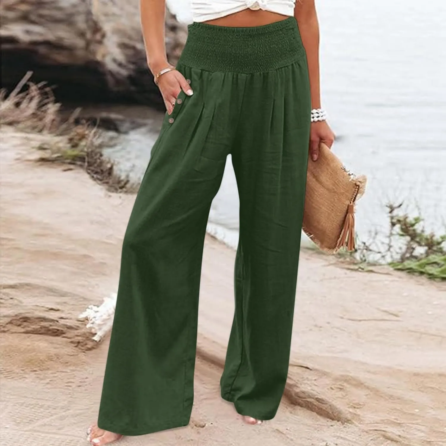 Summer Pants for Women 2024 Wide Leg Pants High Waisted Palazzo Pants Loose Flowy Pants Boho Beach Pants with Pockets
