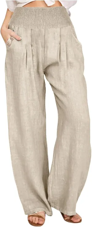 Summer Pants for Women 2024 Wide Leg Pants High Waisted Palazzo Pants Loose Flowy Pants Boho Beach Pants with Pockets