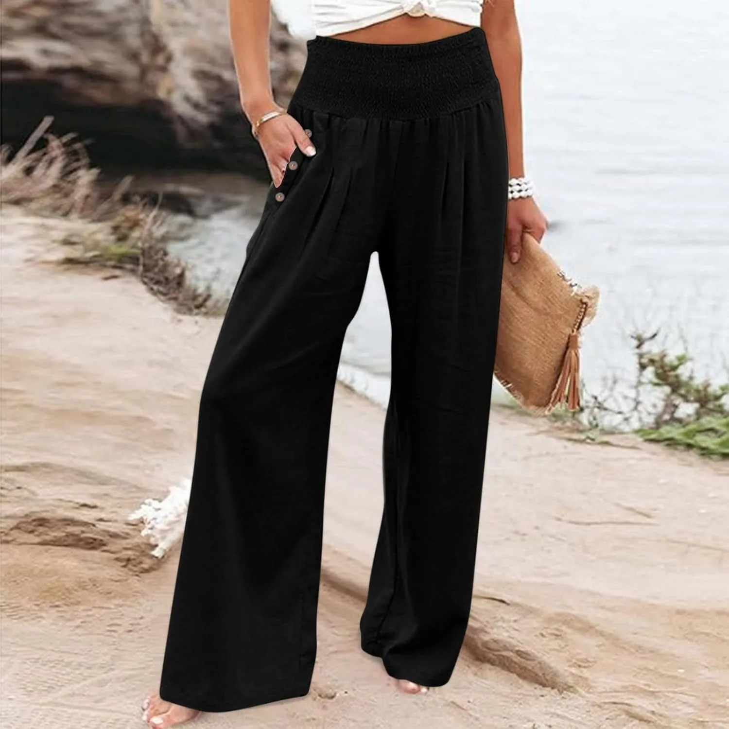 Summer Pants for Women 2024 Wide Leg Pants High Waisted Palazzo Pants Loose Flowy Pants Boho Beach Pants with Pockets