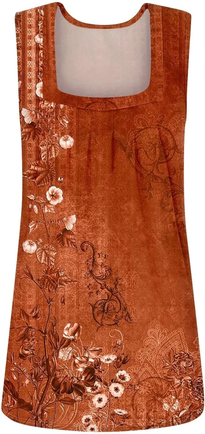 Summer Tank Tops for Women Pleated Square Neck Sleeveless Shirts Casual Printed Loose Fit Trendy Blouses