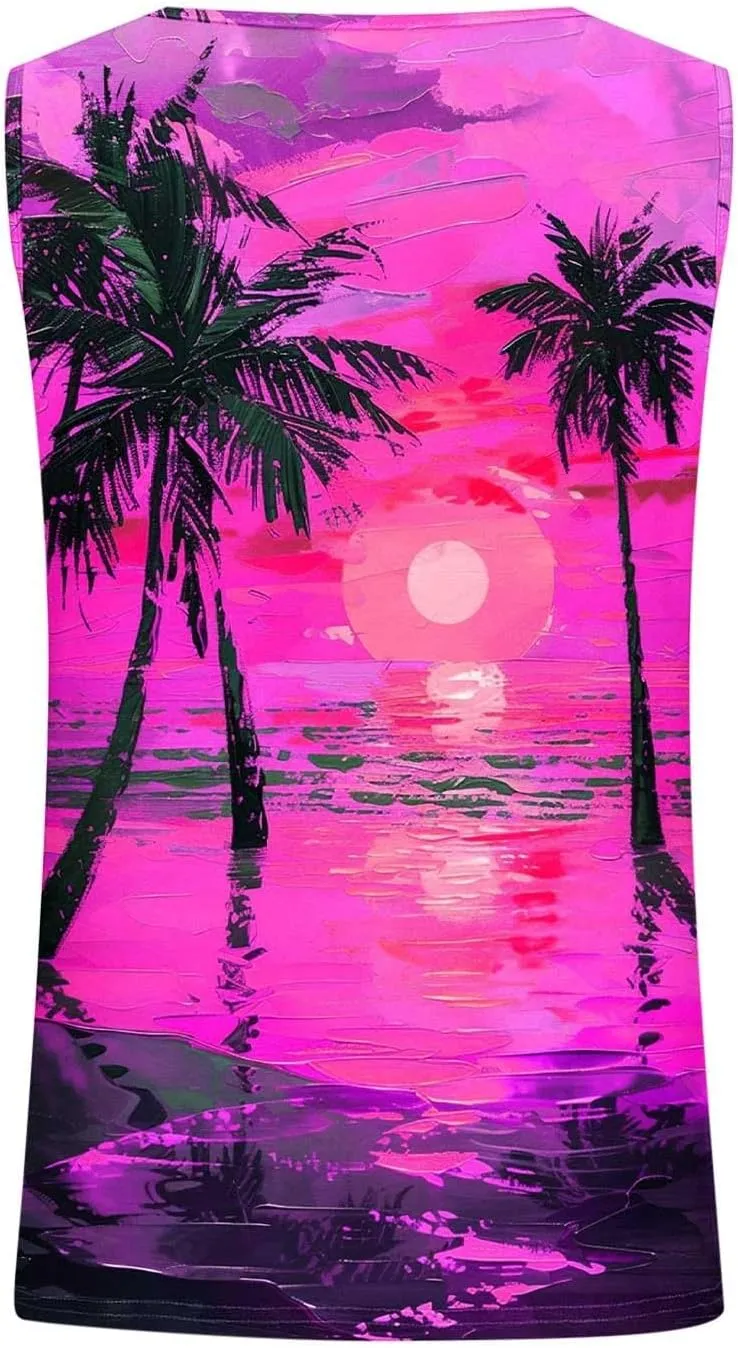 Summer Tank Tops for Women Plus Size Sunset Beach Coconut Palm Print Sleeveless Shirts Hawaiian Casual Vacation Tanks