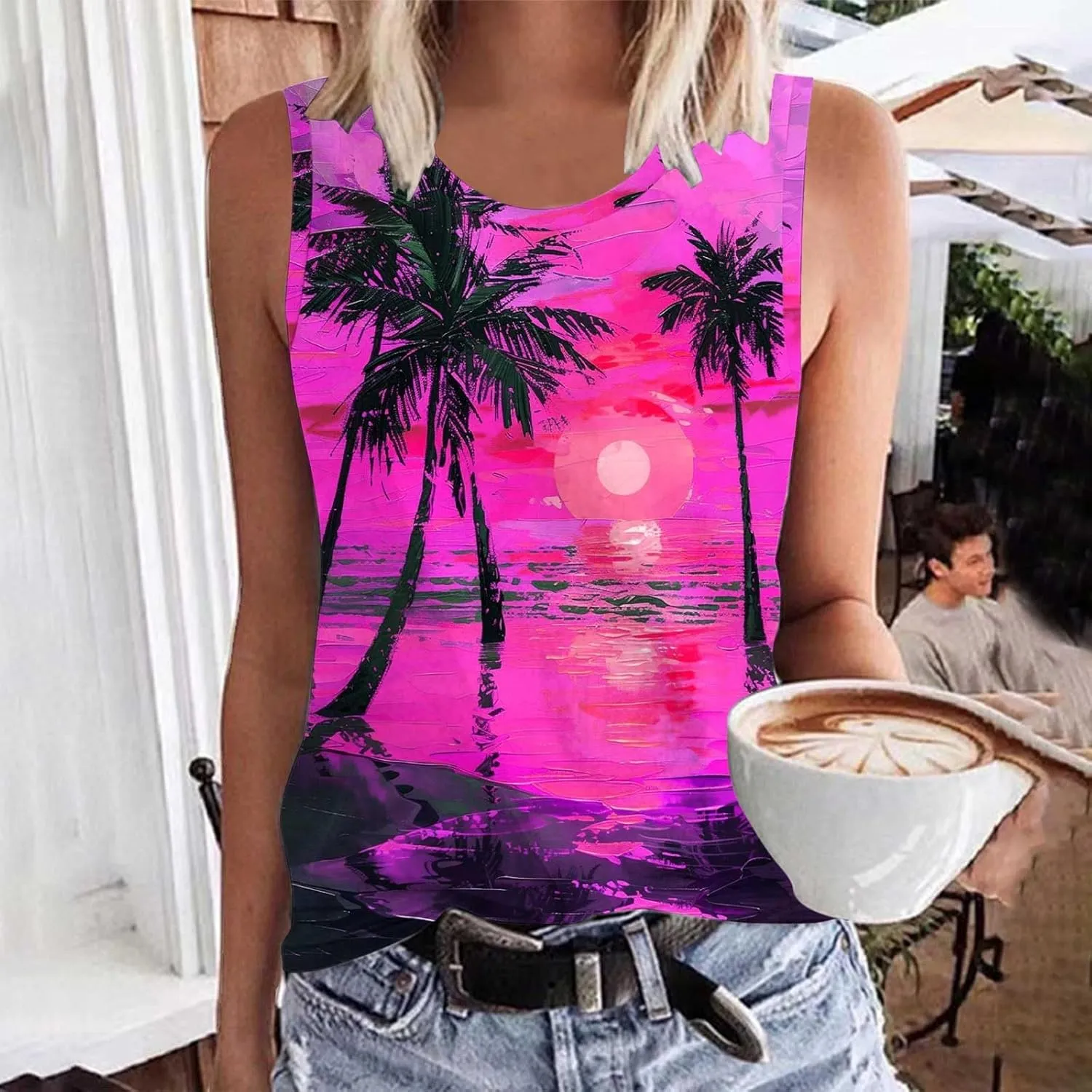 Summer Tank Tops for Women Plus Size Sunset Beach Coconut Palm Print Sleeveless Shirts Hawaiian Casual Vacation Tanks