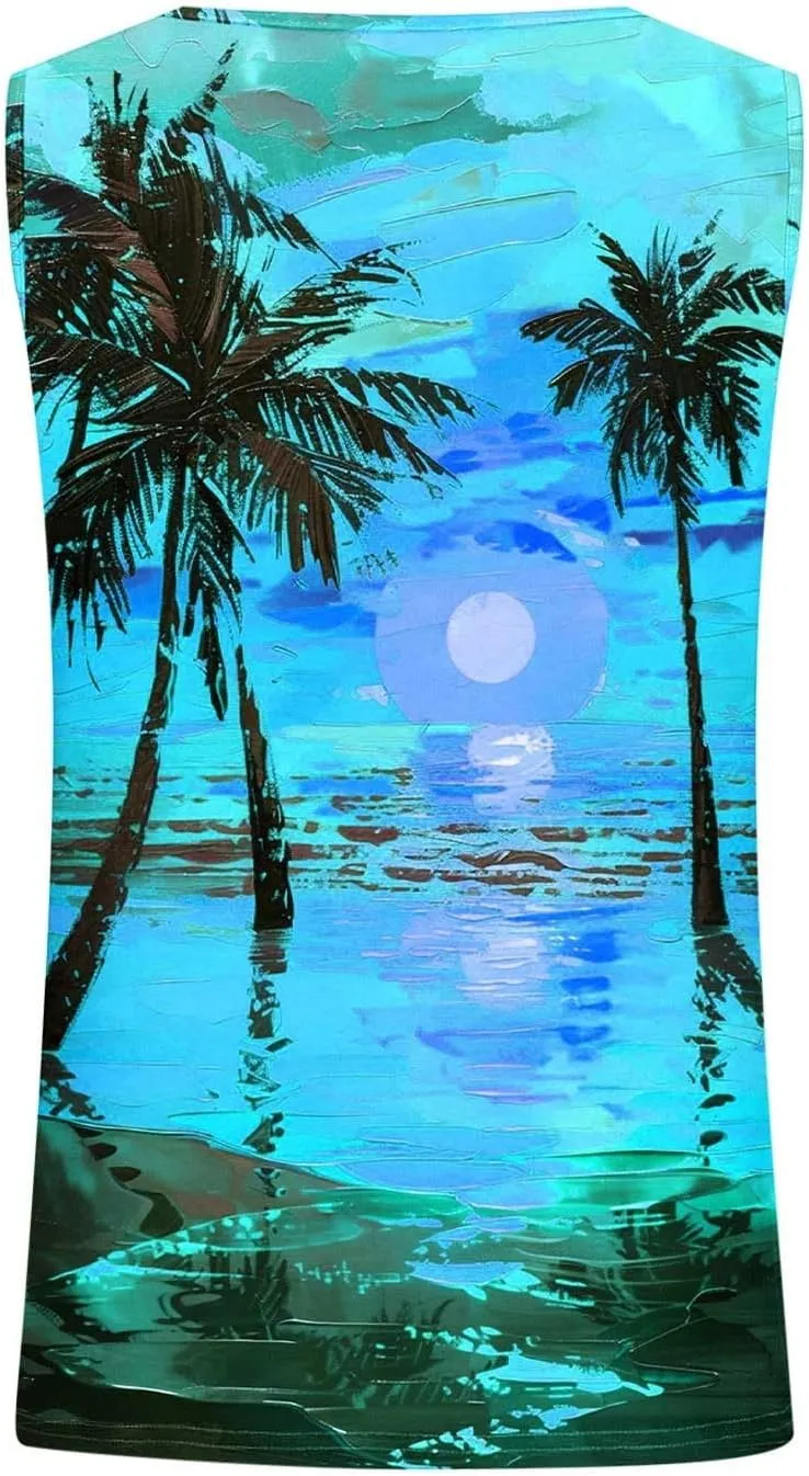 Summer Tank Tops for Women Plus Size Sunset Beach Coconut Palm Print Sleeveless Shirts Hawaiian Casual Vacation Tanks